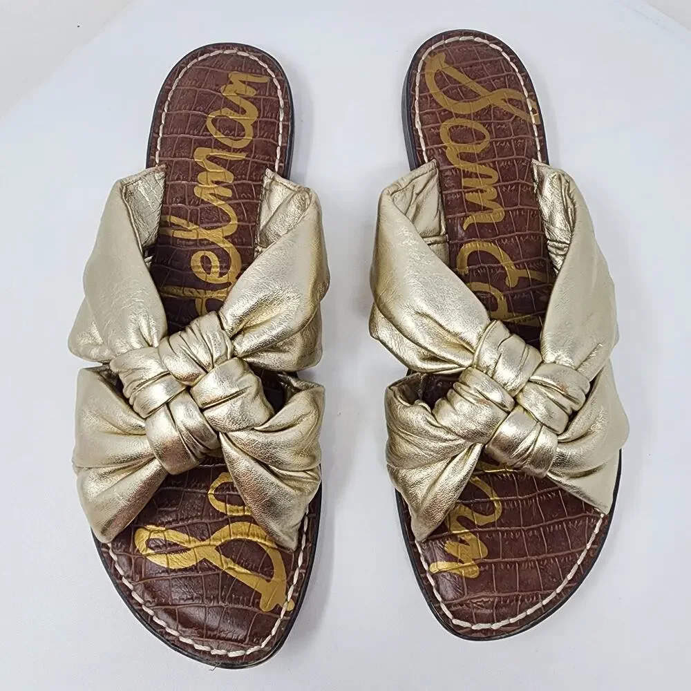 Sam Edelman Garson Slide Sandal Women 10 Gold Puffy Leather Knotted Flat Shoes